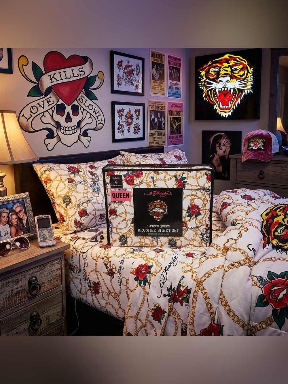 Ed Hardy Queen Sheet Set 6 PC Brushed Tattoo Art Gold Chain Tiger Skull Rose Y2K